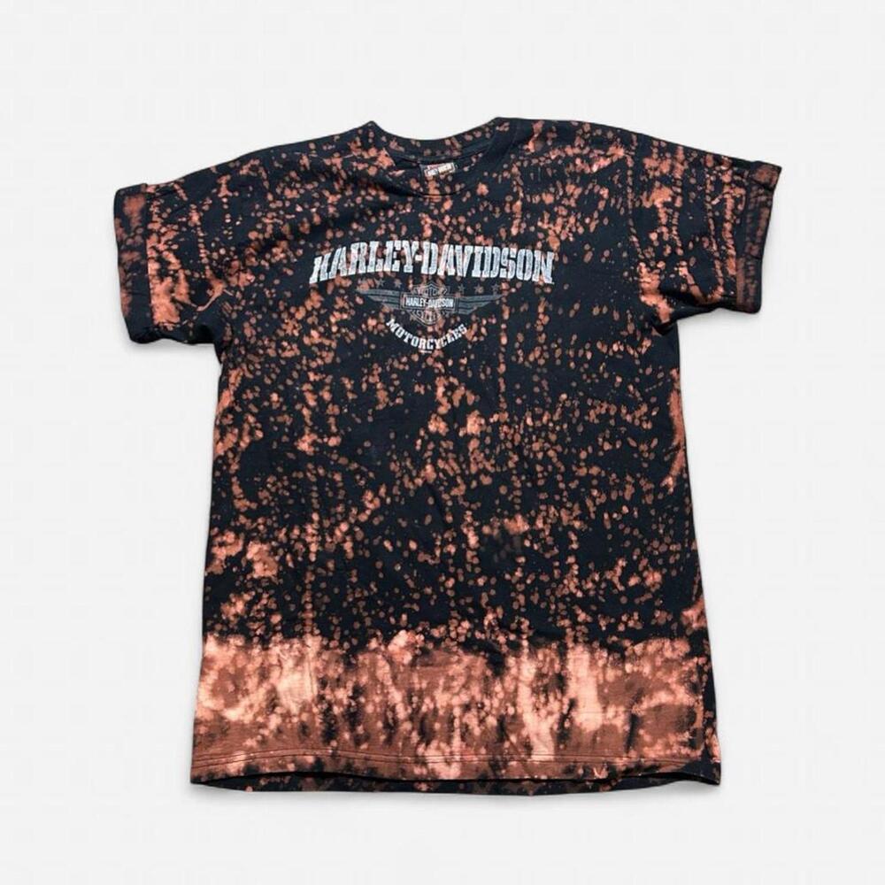 Y2K Harley Davidson Tie Dye‎ Cropped Sleeves Flag Tee Size L